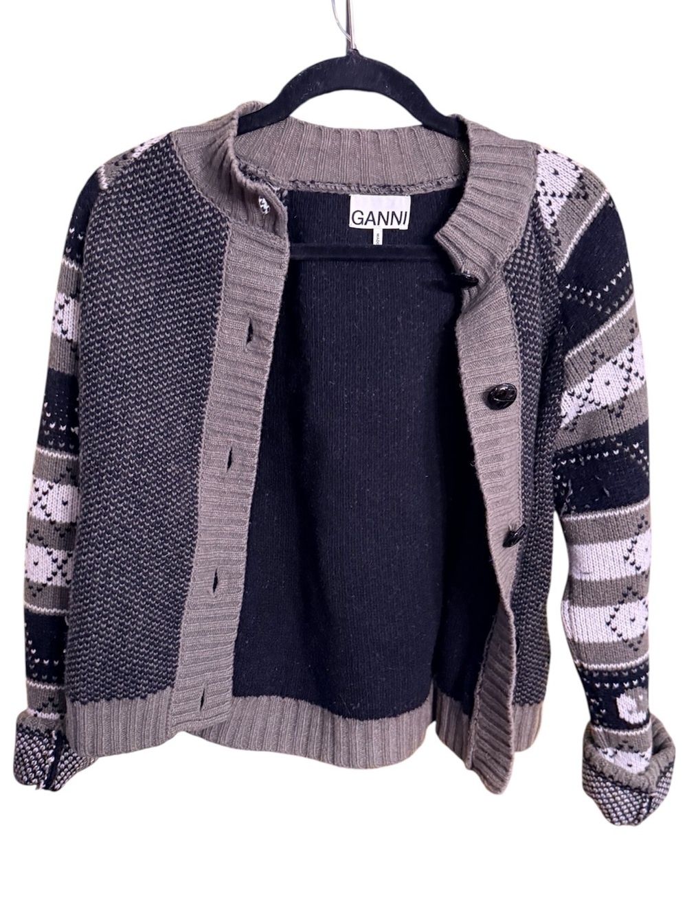 Ganni Knit Pattern Fair Isle Wool Blend Cardigan Sweater, size Large
